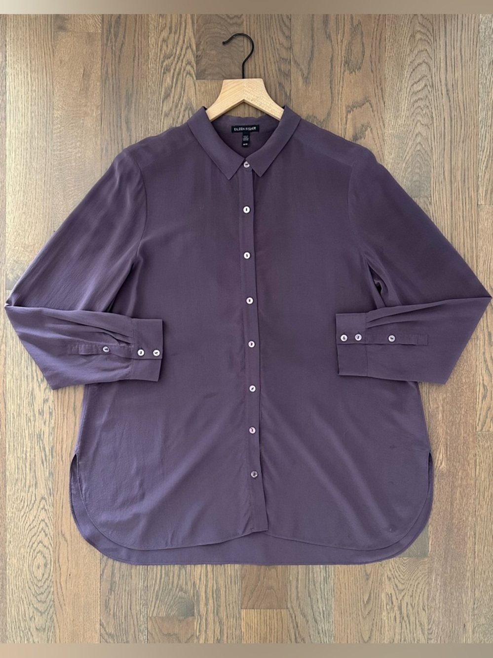 Eileen Fisher Silk Georgette Crepe Collared Long Sleeve Blouse in Purple Medium